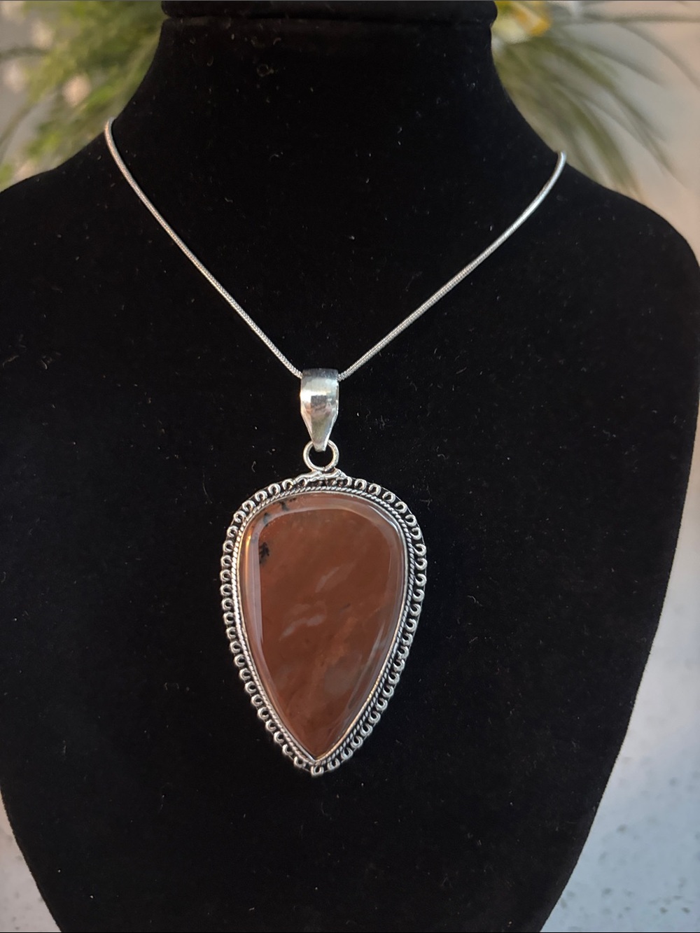 Sterling Silver Brown Dendrite Teardrop Gemstone Pendant Necklace